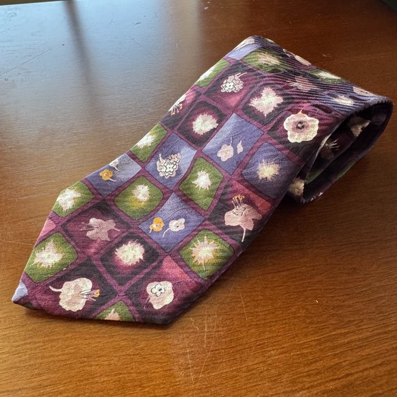BARNEYS NEW YORK Floral Purple Blue‎ Textured Tie Silk Made in Italy - Picture 8 of 8